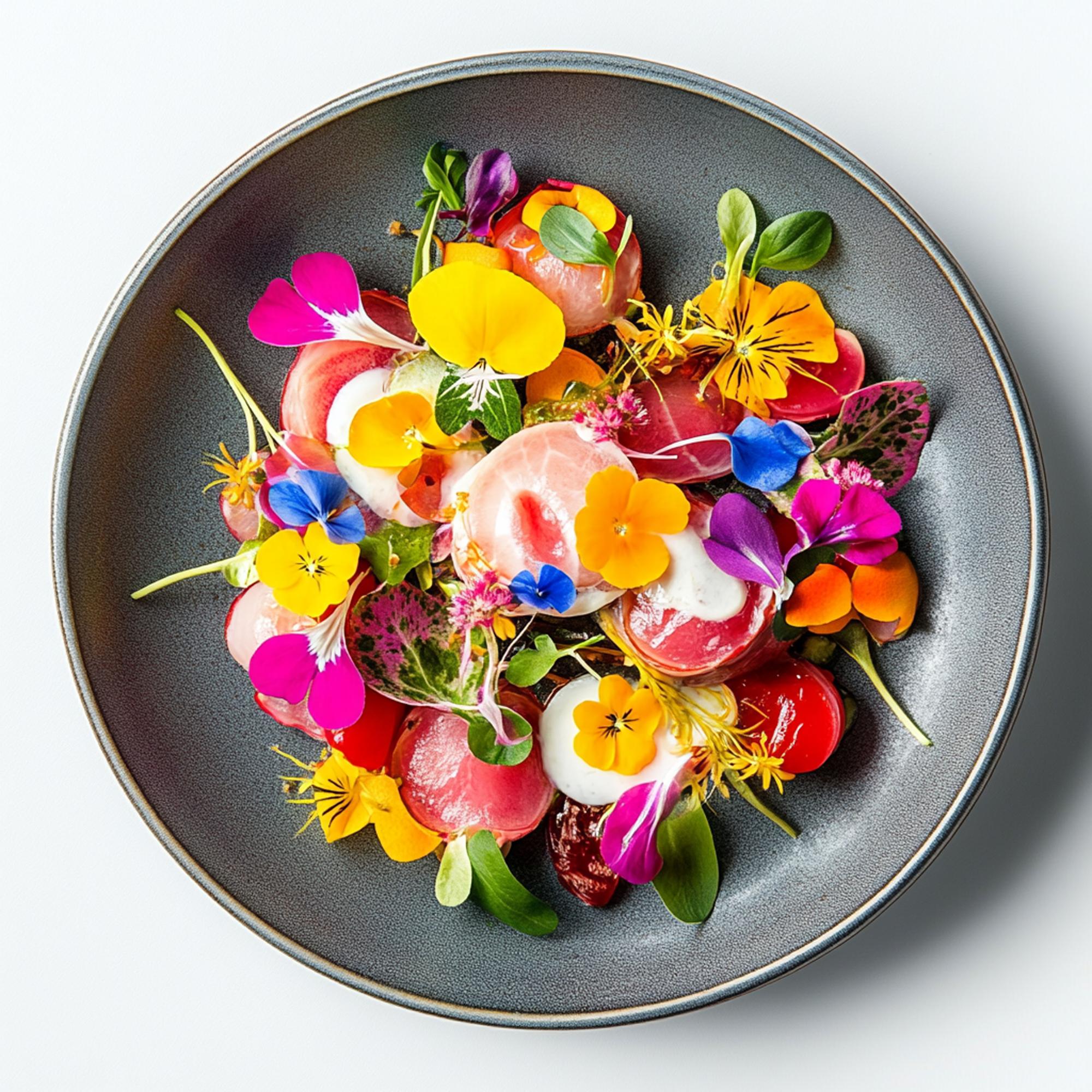 Close-up of vibrant salad with edible flowers on slate