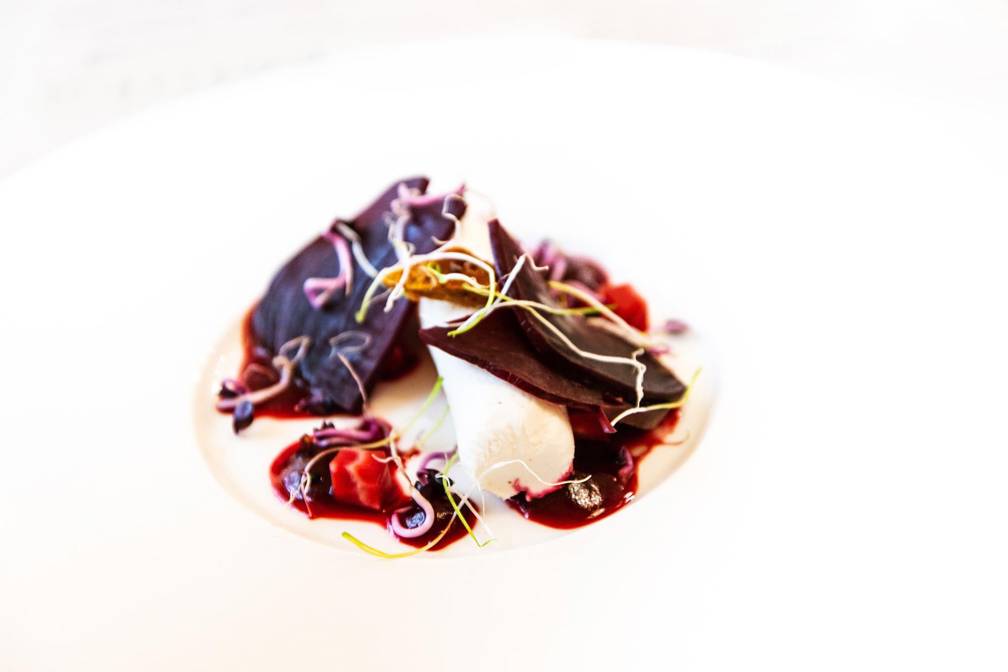 Chef plating a colorful seasonal dish on a white plate with herbs